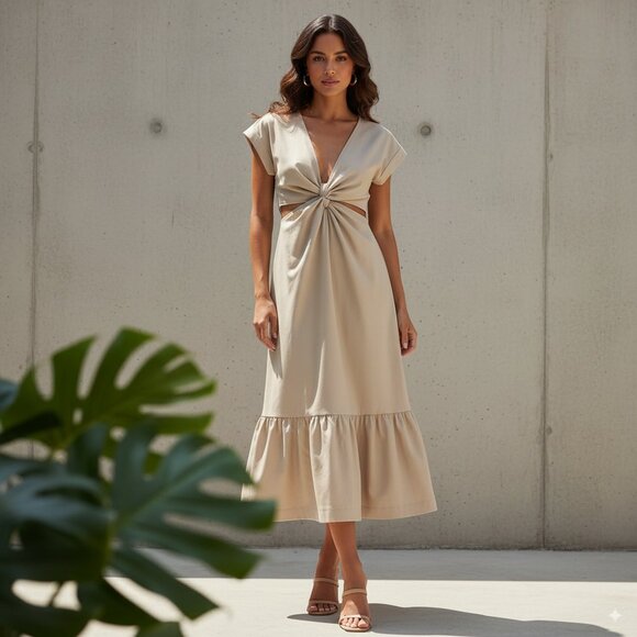 En Saison Dresses & Skirts - NWT En Saison Lana PU Cut Out Midi Dress in Ecru